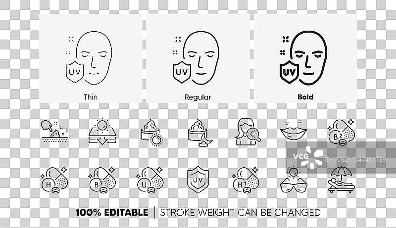 维生素H、胶原蛋白、皮肤和日光浴床线条图标图片素材