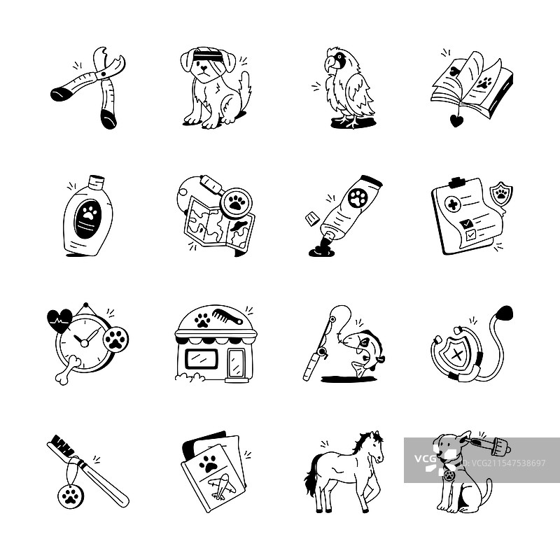 可爱的黑白宠物护理图标集合图片素材