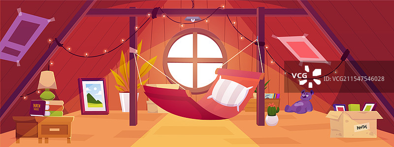 舒适的木质阁楼，配有吊床、花环和窗户图片素材