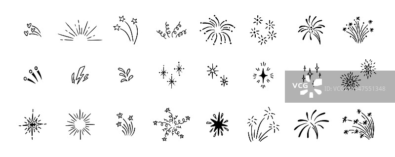 一组可爱的烟花线条涂鸦元素图片素材