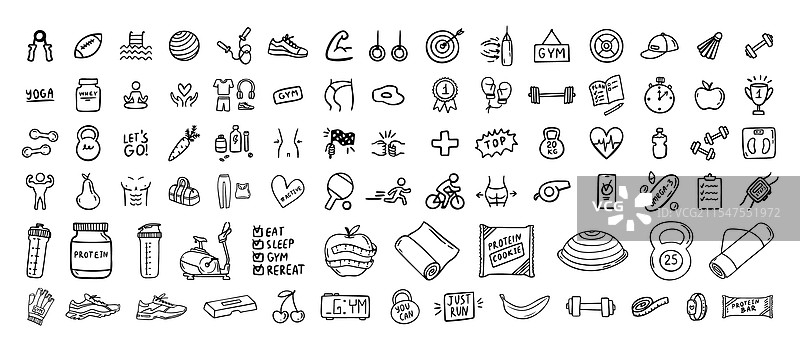 健身、运动和健康图标涂鸦手绘图片素材