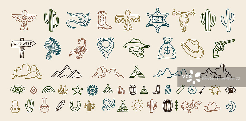 西部牛仔涂鸦图标集 手绘波西米亚风格图片素材
