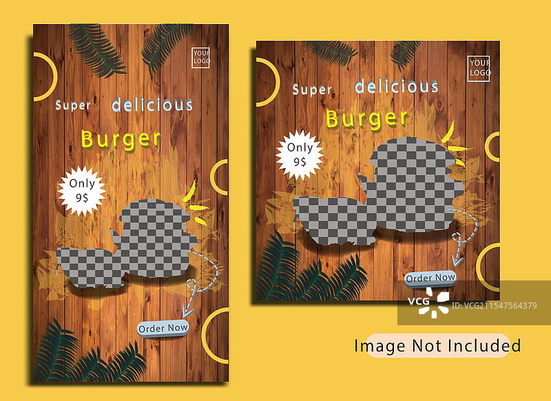 汉堡食品社交媒体帖子模板与木材背景图片素材