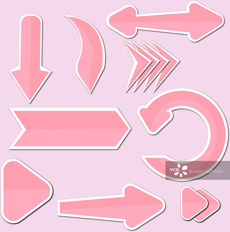 可爱的粉色箭头贴纸，带阴影和紫色元素图片素材