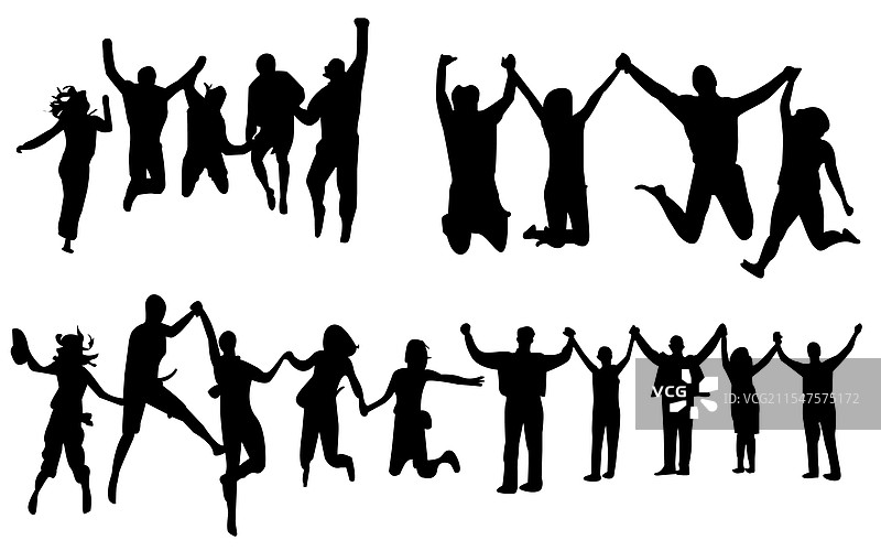 朋友们的剪影手牵手跳跃图片素材