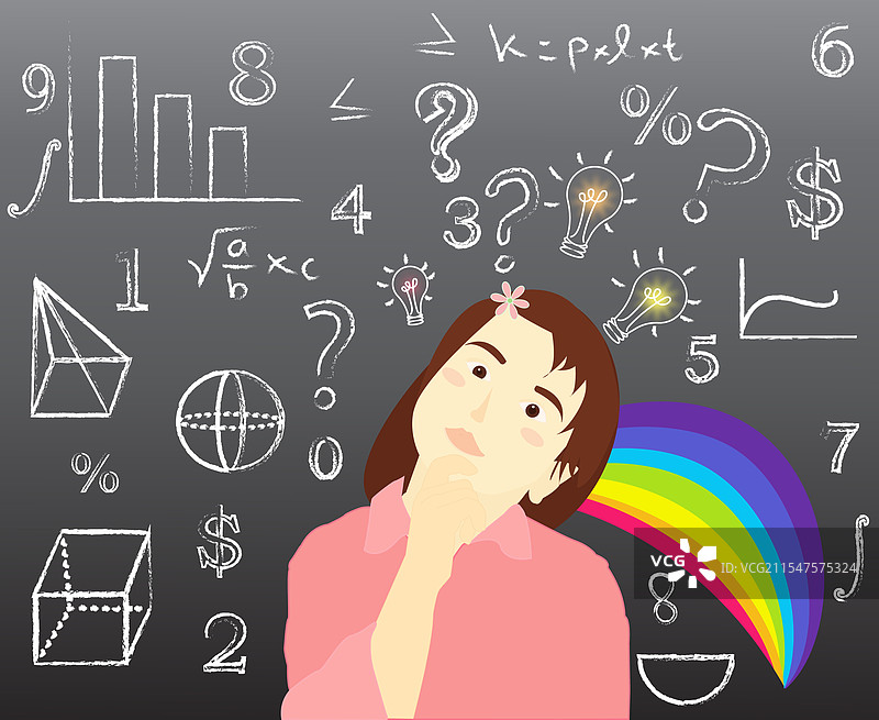 女孩在黑板前思考，黑板上有彩虹。图片素材