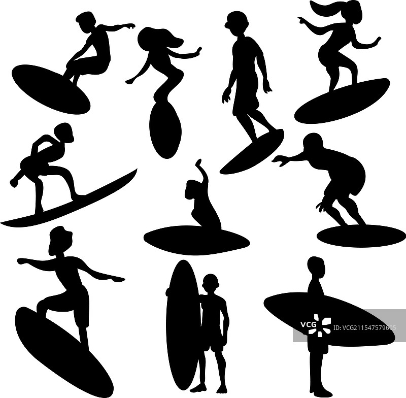 冲浪者水上运动剪影套装图片素材