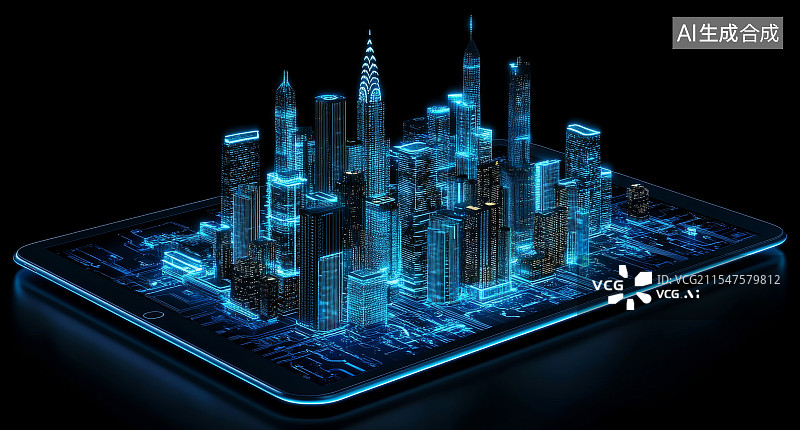 【AI数字艺术】平板电脑上的城市建筑3D模型展示图片素材