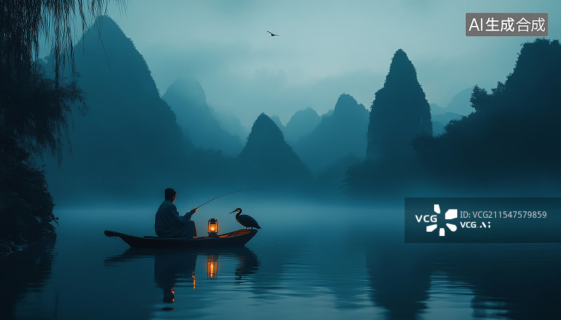 【AI数字艺术】中国意境山水人文海报，渔舟唱晚图片素材