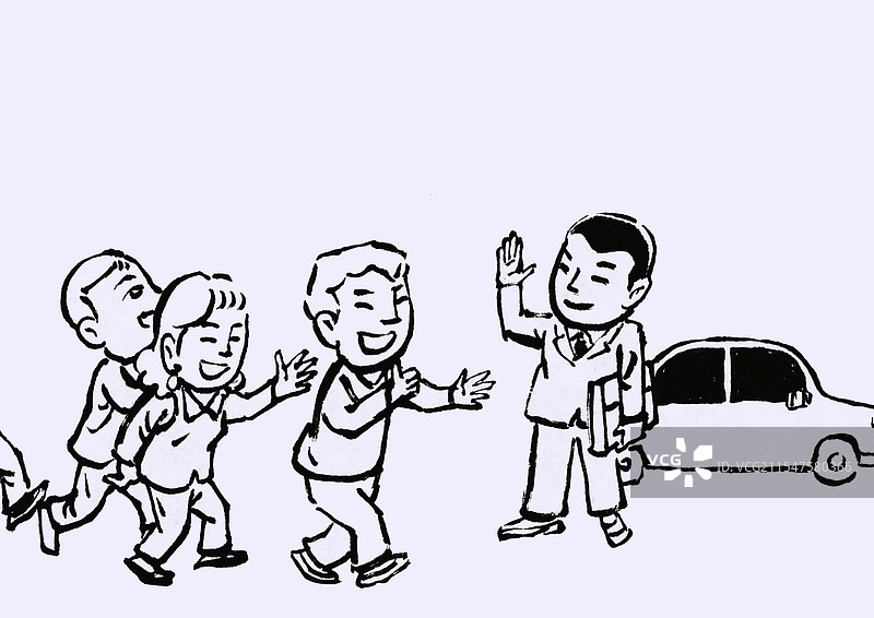 外出打工的男子开着小轿车衣锦还乡图片素材