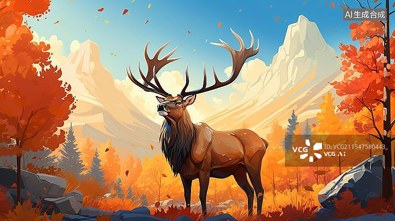 【AI数字艺术】秋日森林的雄鹿剪影  金色秋季的自然画卷图片素材