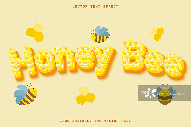 蜂蜜蜂三维文字效果，带有六边形纹理图片素材