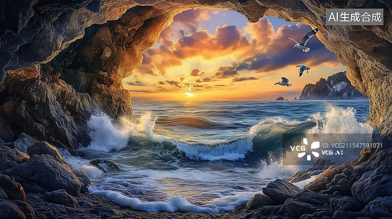 【AI数字艺术】海浪冲刷岩洞日落图片素材