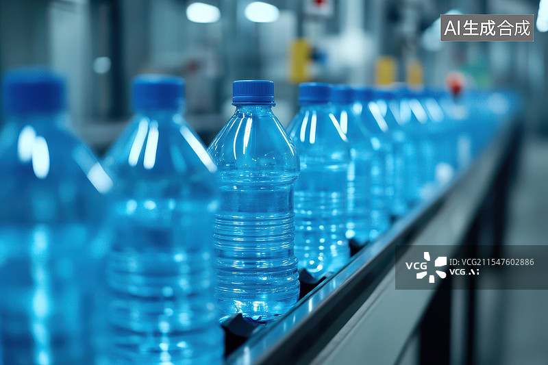【AI数字艺术】生产线上的清澈水瓶展示饮料行业的自动化过程图片素材