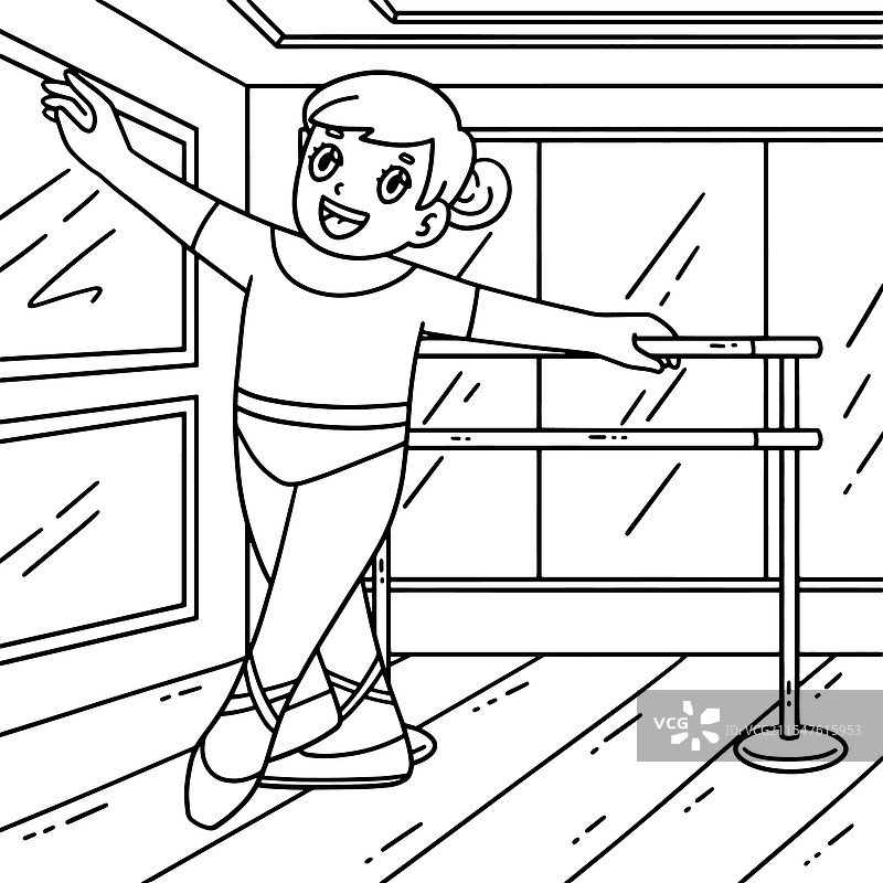 芭蕾舞者在芭蕾杆旁练习的涂色页图片素材