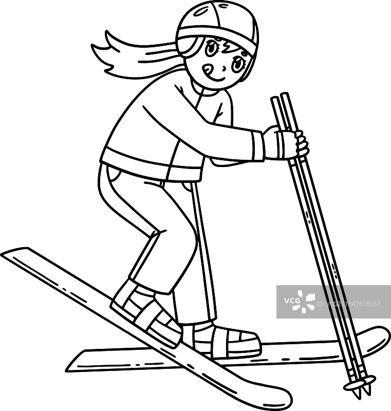 滑雪女孩尝试滑雪的孤立涂色页图片素材