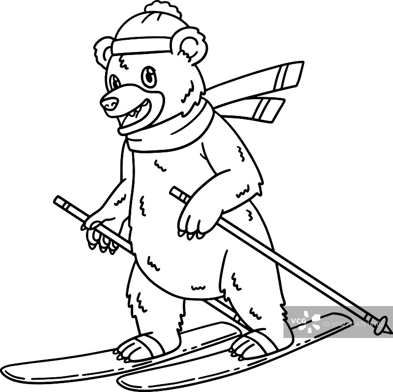 滑雪熊孤立的儿童涂色页图片素材