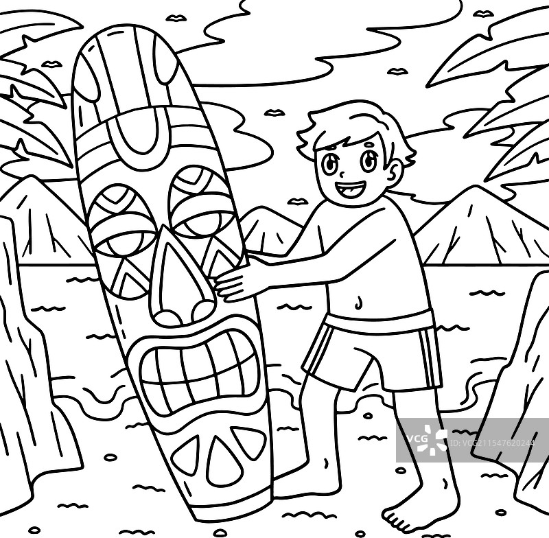 冲浪男孩与提基冲浪板的涂色页图片素材