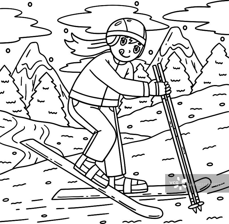 滑雪女孩尝试滑雪的儿童涂色页图片素材