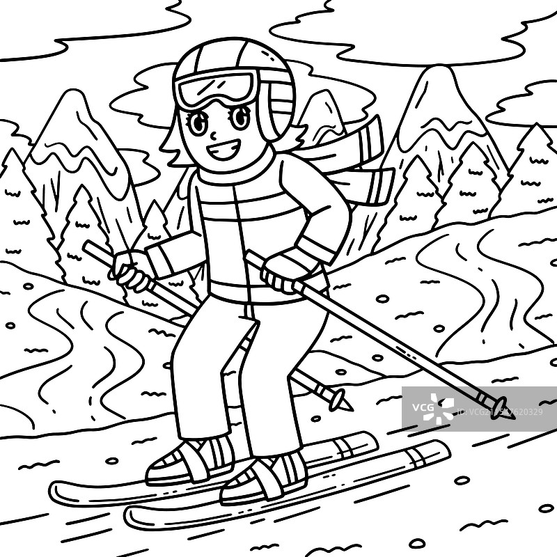 滑雪女孩涂色页，适合儿童使用图片素材