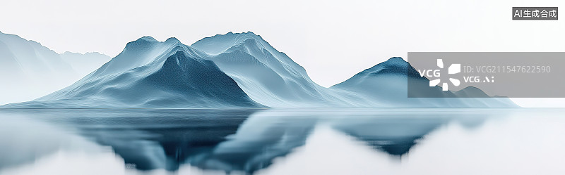 【AI数字艺术】宽屏浅蓝色国风水墨山水意境、水墨山水倒影意境图片素材