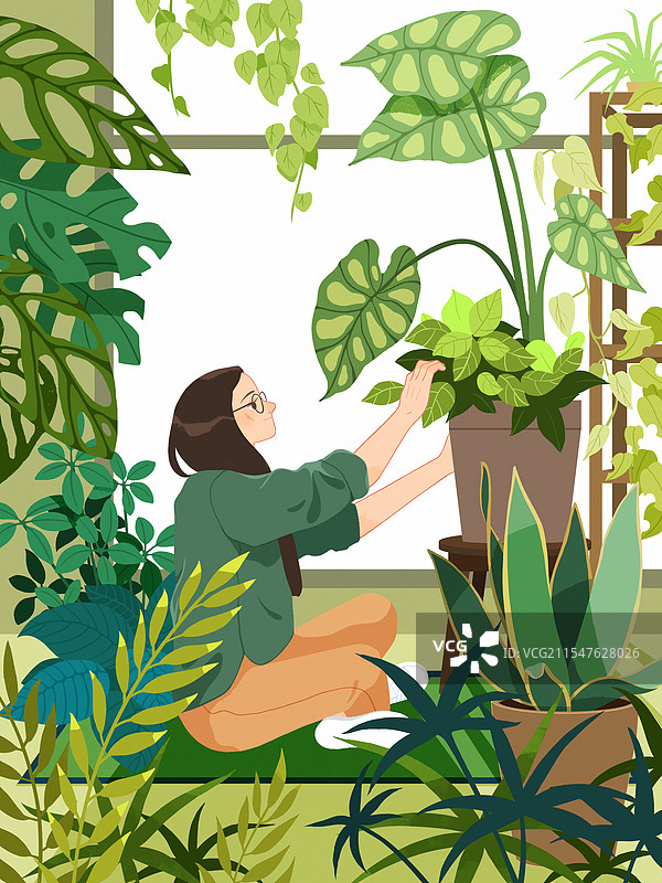 绿植植物少女竖板插画图片素材
