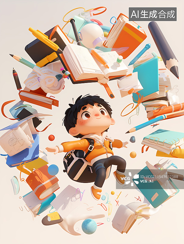 【AI数字艺术】被学习书本围绕的男孩图片素材