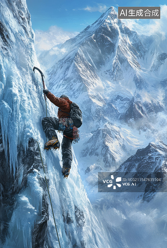 【AI数字艺术】一位登山者正在攀登冰壁的场景。背景是雄伟的雪山，天空晴朗，云层环绕山峰。图片素材