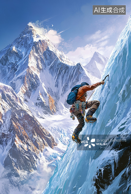 【AI数字艺术】一位登山者正在攀登冰壁的场景。背景是雄伟的雪山，天空晴朗，云层环绕山峰。图片素材