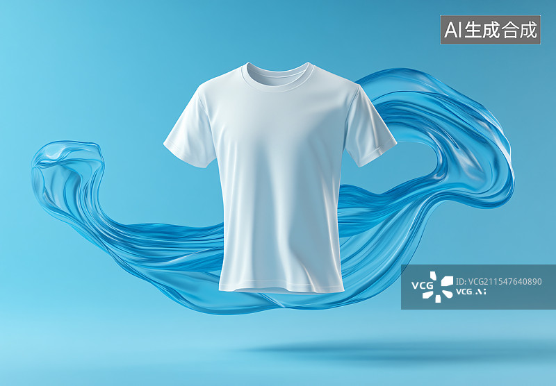 【AI数字艺术】白色T恤被水包围，蓝色背景，展现干净洗衣概念。图片素材