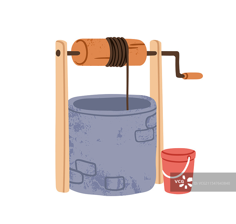 古老的石制水井，带有绳索和桶的摇柄图片素材