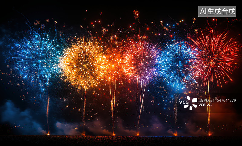 【AI数字艺术】城市夜晚绽放在天空的烟花，绚丽多彩的烟花焰火表演图片素材