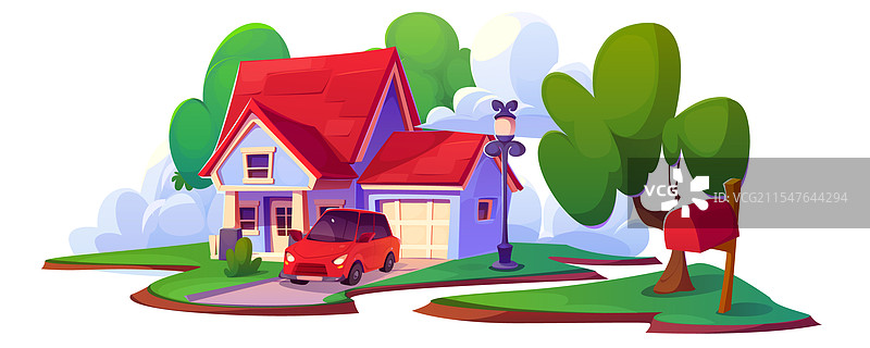 带车库和停放汽车的房屋外观图片素材