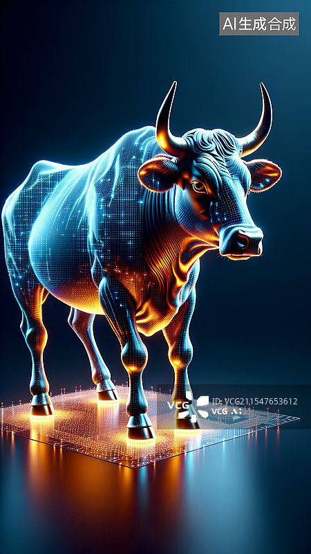 【AI数字艺术】牛市股市主题创意插画 黑色背景下的小雕像和牛的特写镜头图片素材