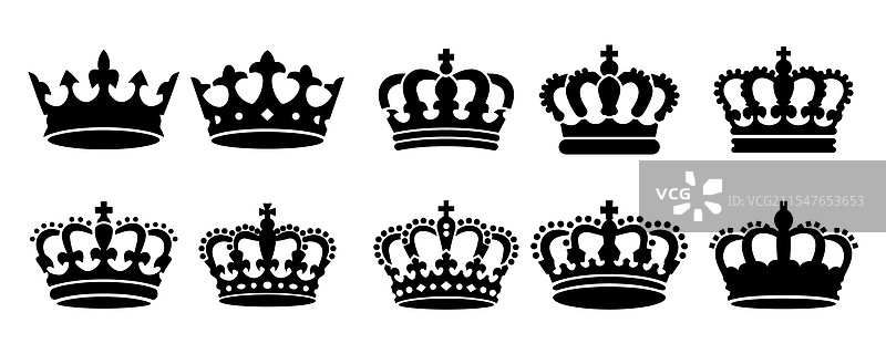 白色背景上的王冠轮廓图标集图片素材