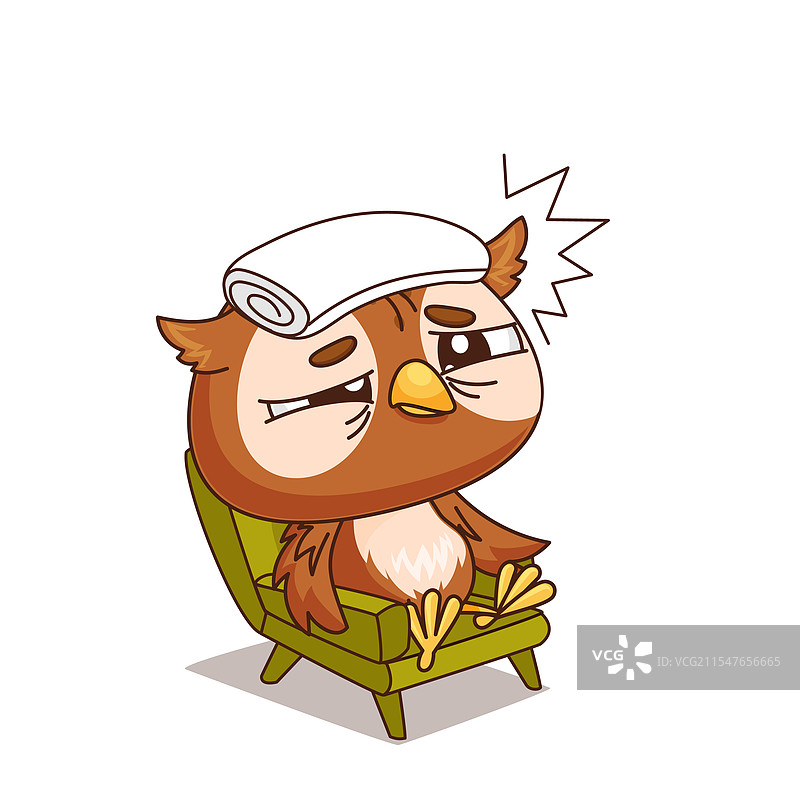 一只迷人的卡通猫头鹰在一个舒适的环境中放松。图片素材
