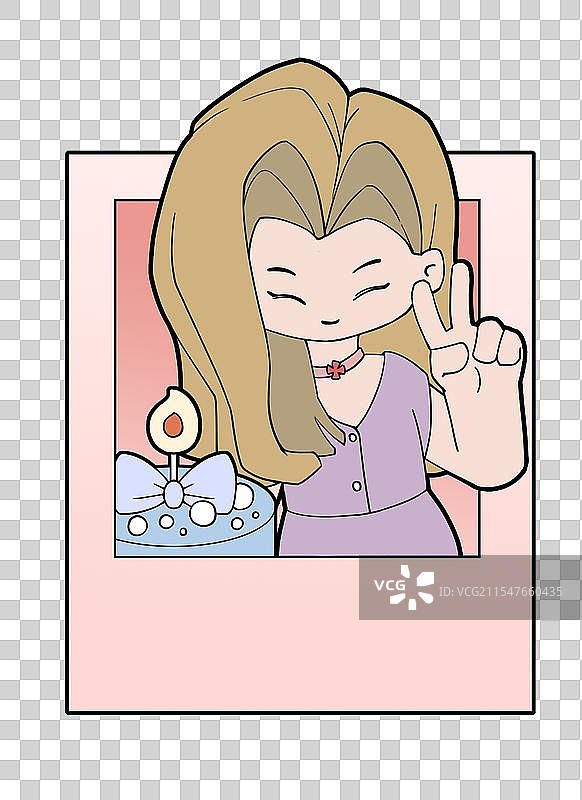 卡通小女孩生日拍照比耶开心微笑对镜头拍照相片图片素材