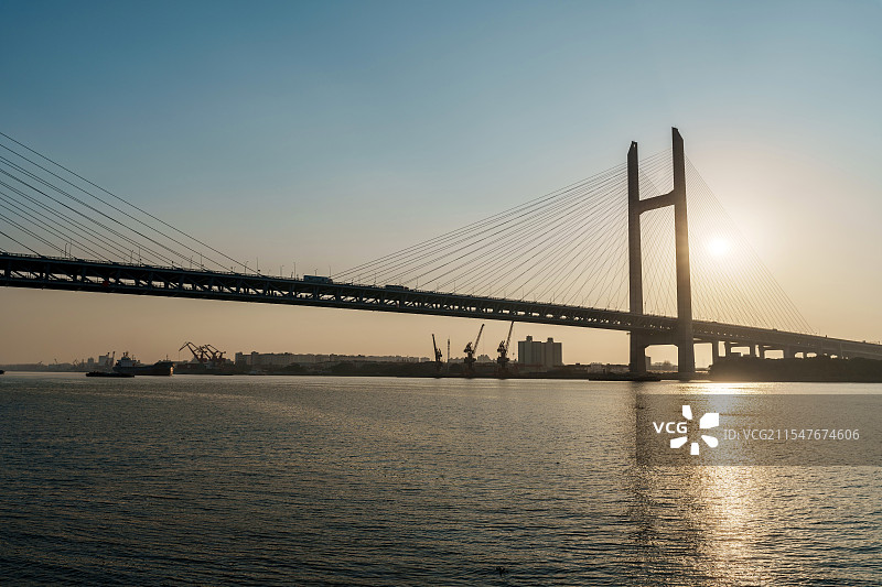 黄浦江、码头与跨江大桥图片素材