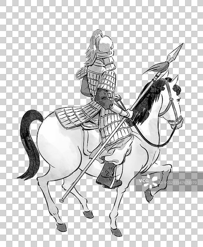 一个骑马的古代将军手绘历史人物插画元素图片素材
