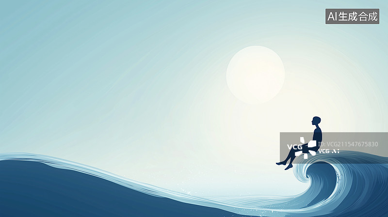 【AI数字艺术】独自坐在海面上的人图片素材