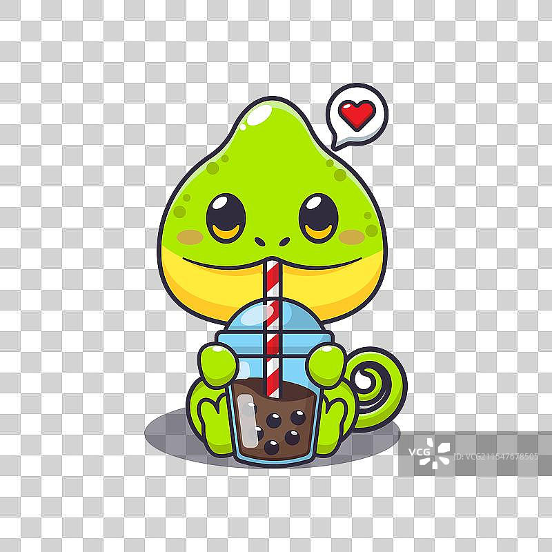 变色龙喝奶茶的卡通形象图片素材