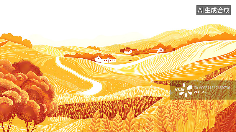 【AI数字艺术】金色麦田插画图片素材