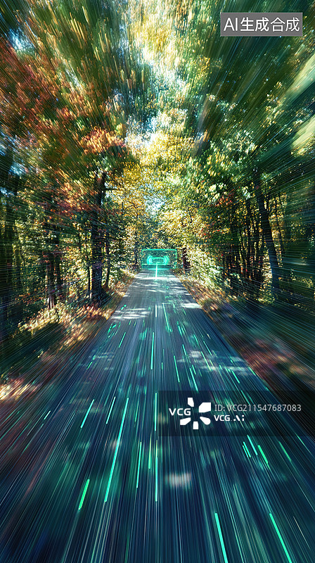 【AI数字艺术】未来汽车导航系统抽象冬季道路与速度模糊和激光雷达可视化先进汽车技术汽车广告背景海报图片素材