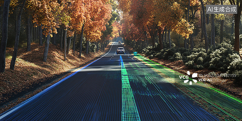 【AI数字艺术】未来汽车导航系统抽象冬季道路与速度模糊和激光雷达可视化先进汽车技术汽车广告背景海报图片素材