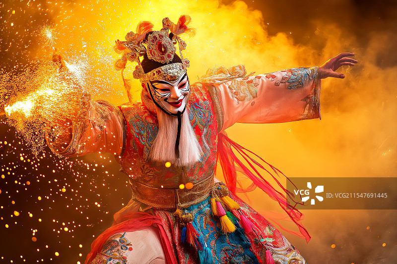 在这张图片中，一位身穿传统戏曲服装的演员正在舞台上表演。他戴着华丽的头饰，脸上画着精致的戏曲脸谱，表图片素材