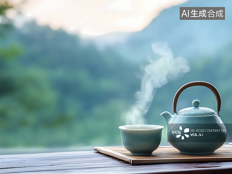 【AI数字艺术】茶山前木桌上的茶杯和茶壶图片素材
