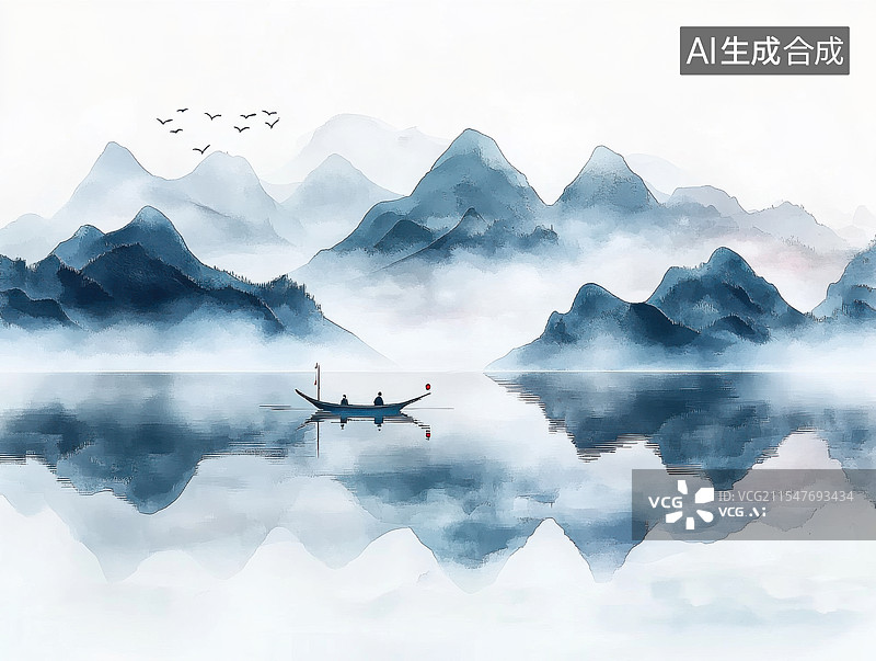 【AI数字艺术】中国风水墨山水画湖面倒影云雾仙境图片素材