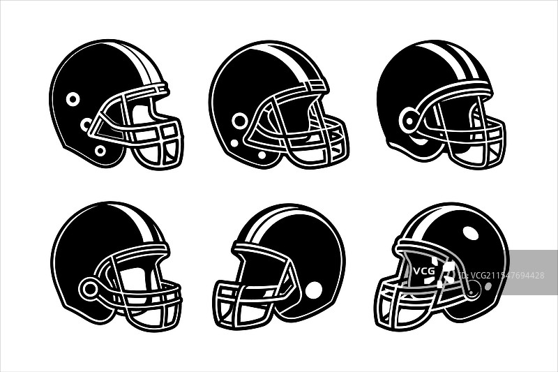 六个黑白色的美式足球头盔图片素材