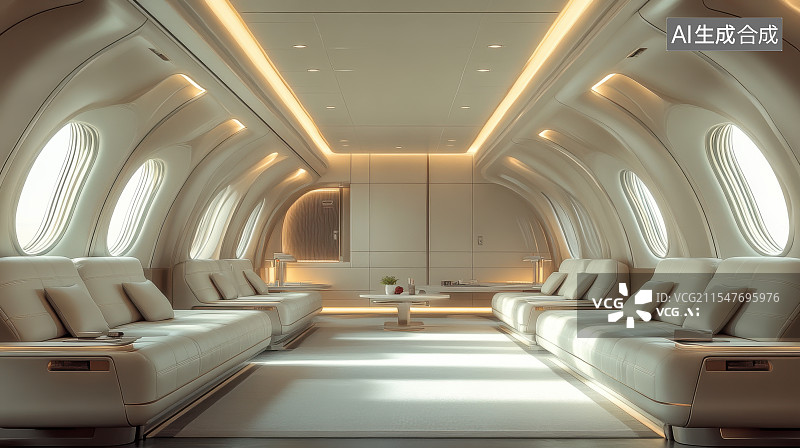 【AI数字艺术】现代豪华舒适的飞机座舱座位内部空间图片素材