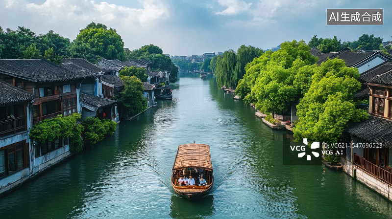 【AI数字艺术】中国江南水乡古建筑游船屋檐古色古香图片素材